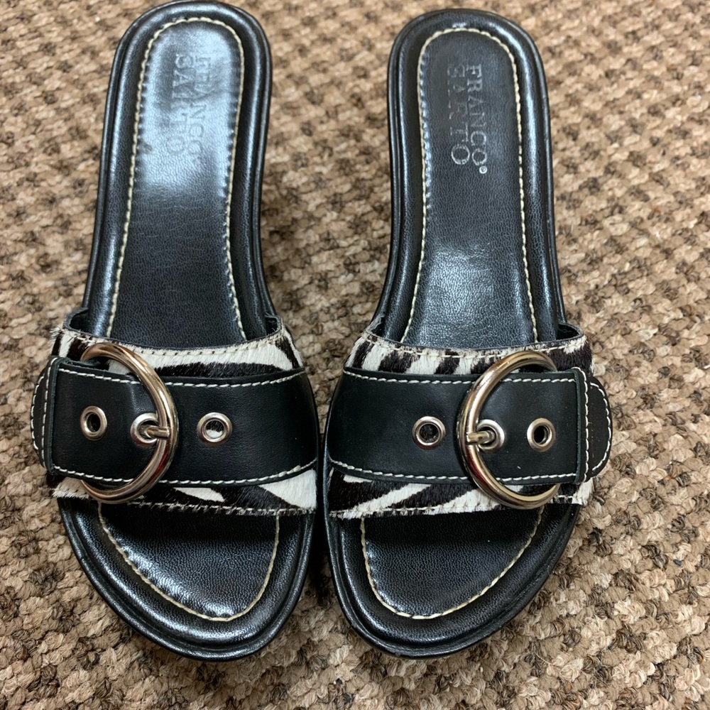 Franco Sarto Womens Calf Hair Zebra Print Black Leather Slide Sandals Heels